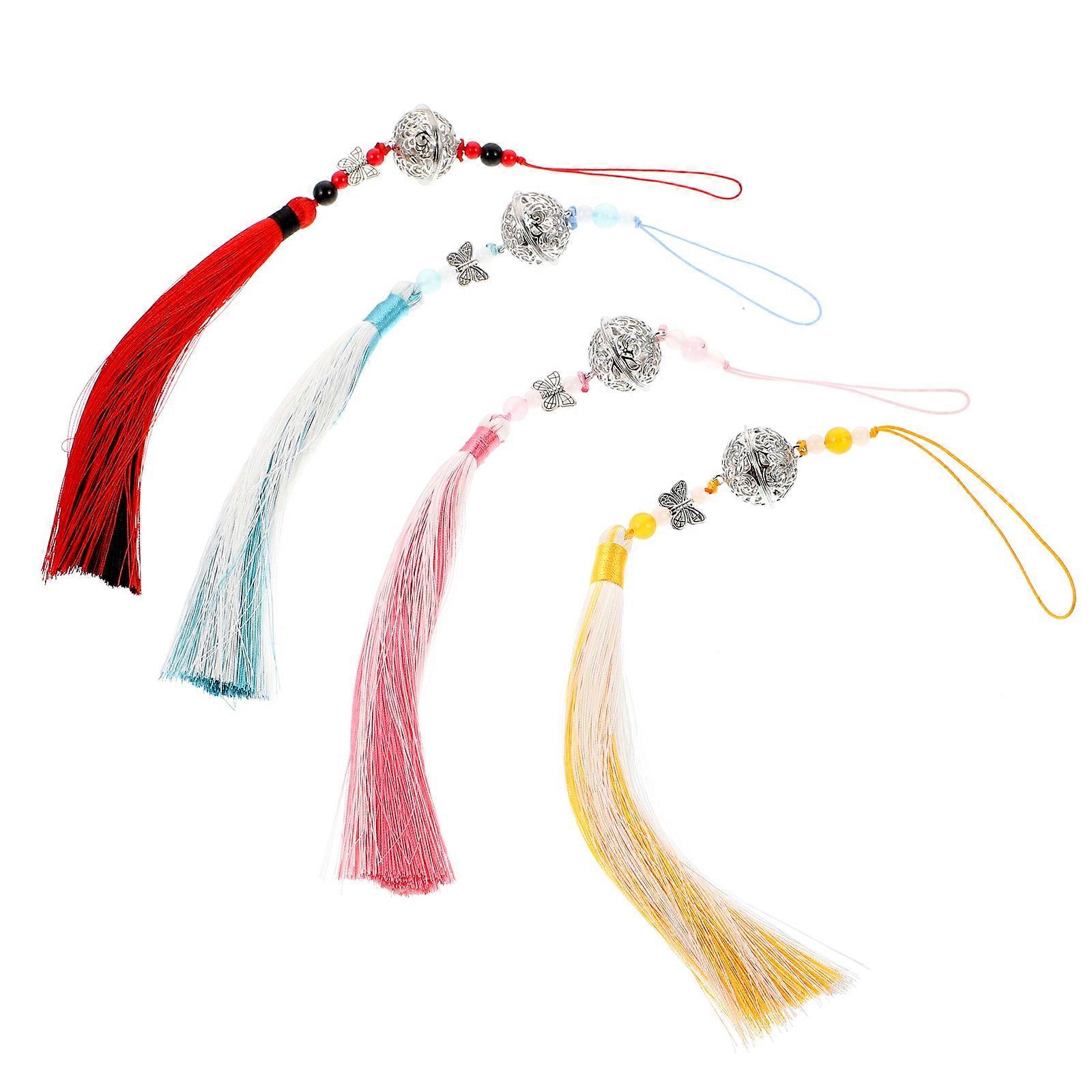 4pcs Retro Chinese Tassel Waist Pendants with Bells Vibrant Decorative Ornaments for Costumes, Accessories & Home Display