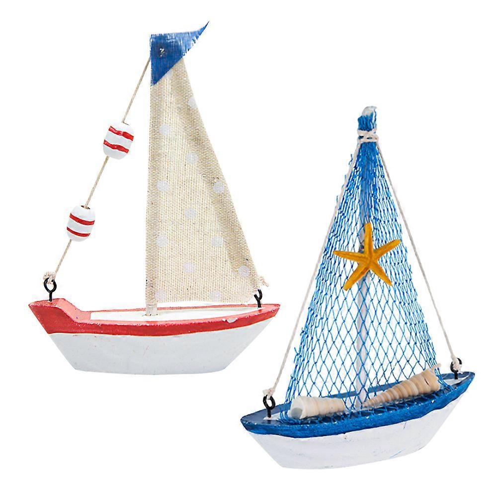 Wooden Sailing Boat Model for Decoration 2Pcs Mediterranean Nautical Ornament