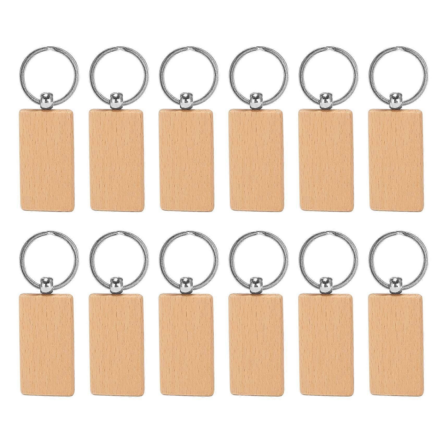 12 Pcs Blank Wooden Key Chain Rectangle Key Chain Tags Wood Keychains Key Ring for DIY Craft