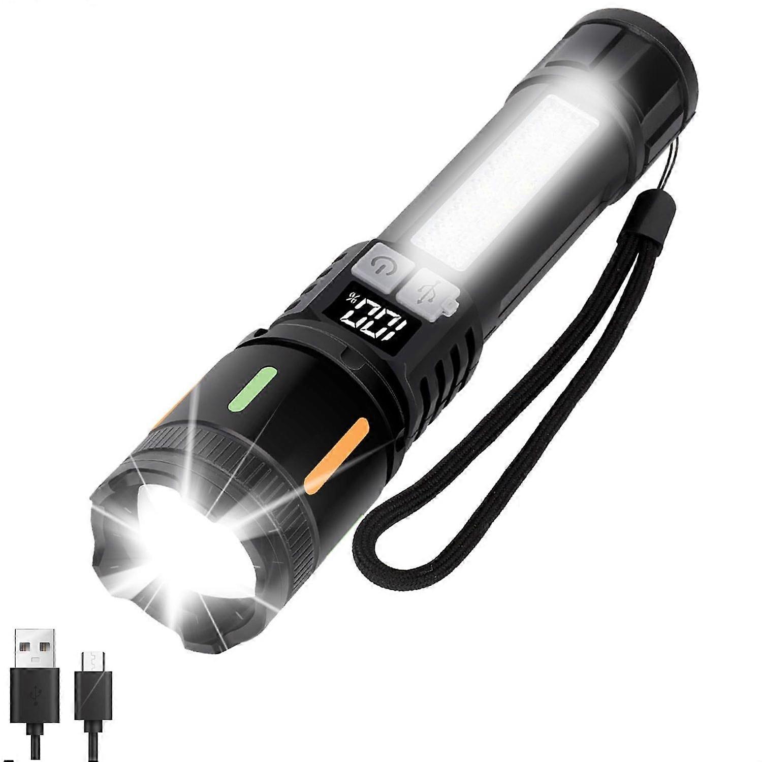Flashlight High Lumens Rechargeable, LED Battery Powered Powerful Handheld Flashlight with 5 Modes, Cob Side Light, USB C, Zoomable, Waterproof for Ou