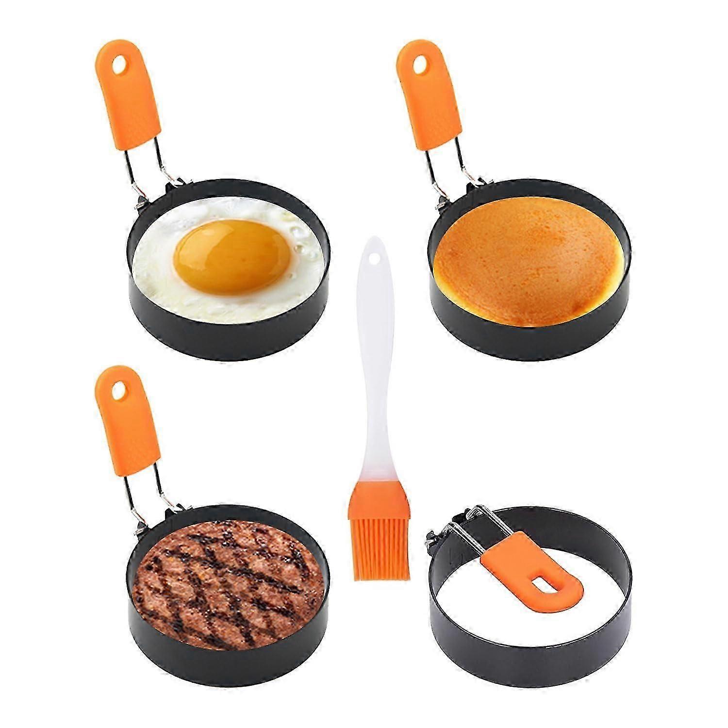 Egg Rings Pack Of 4, 3-Inch Stainless Steel With Folding Handles For Perfect Fried Eggs