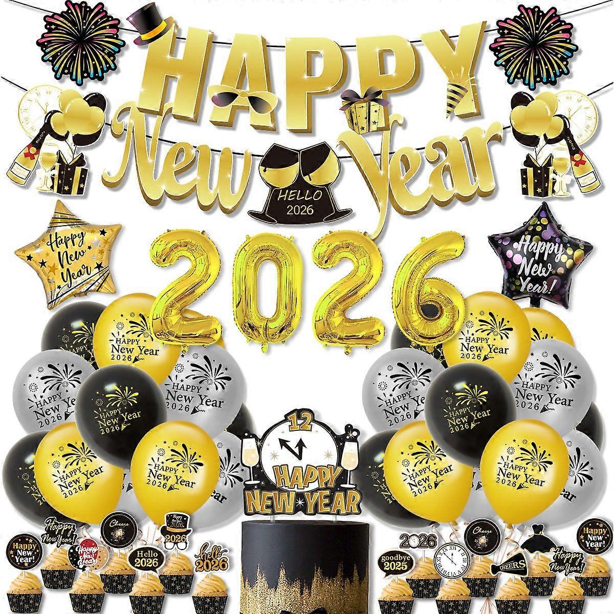 2026 New Year Themed Party Decorations: Gold Balloon Set with Flags and Signs