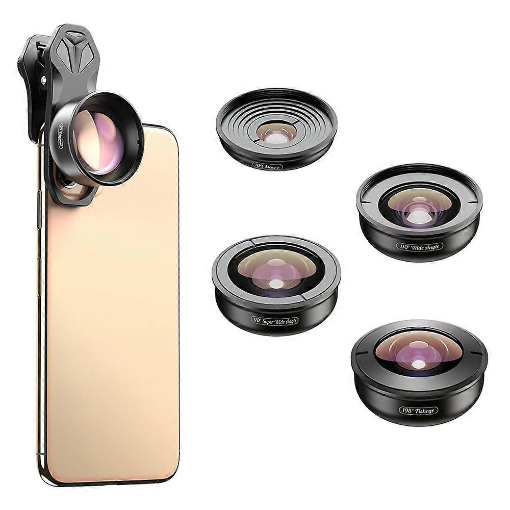 APEXEL 5 in 1 Cellphone Lens Kit 195° Fisheye Lens 110° Wide Angle Lens 10X Macro Lens 2X Telephoto