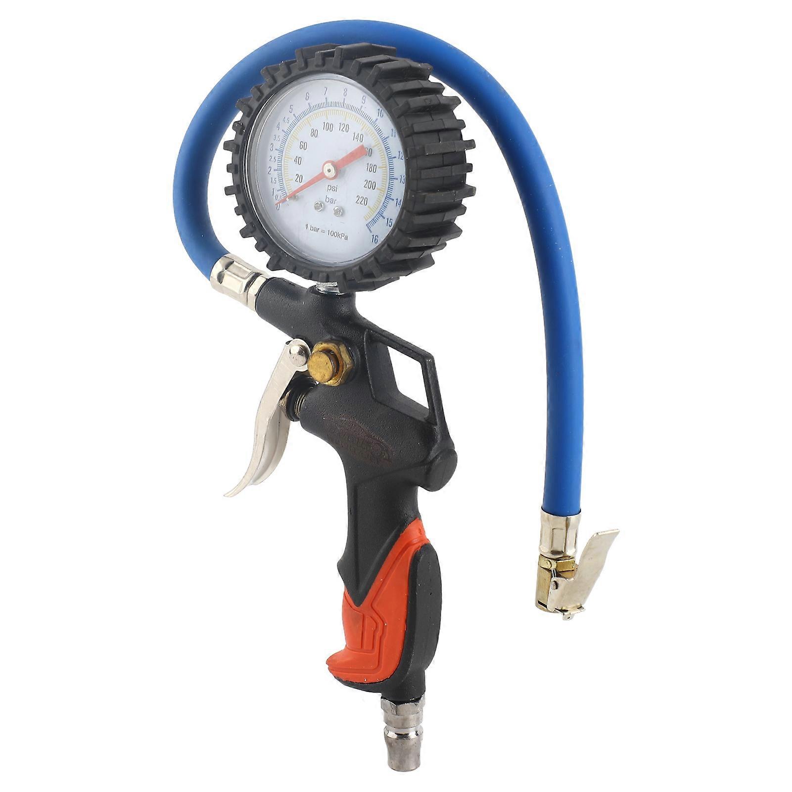 Tire Inflator with Pressure Gauge Mechanical Pointer Tire Pressure Gauge with Hose 0-15bar/0-220psi Copper Nozzle Strong Wear Resistance Easy to Use 