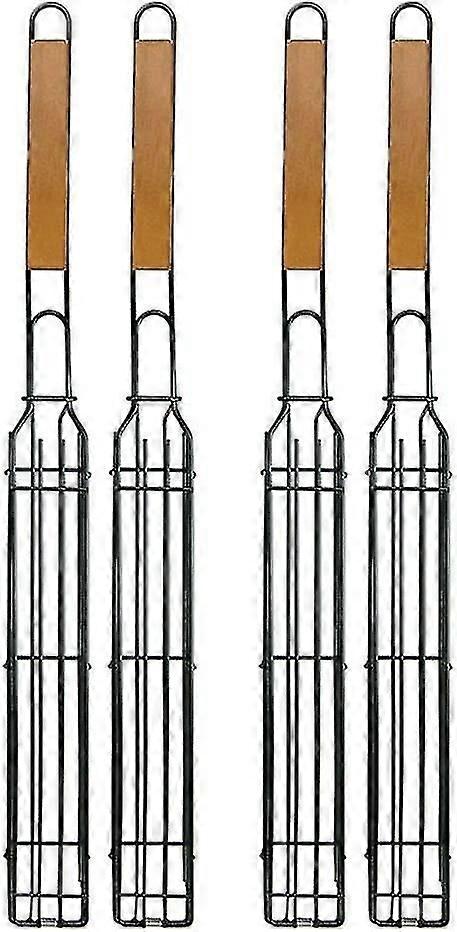 الشواء سلة شواء غير لاصقة واحدة كباب كباب سلال الشواء أسياخ مربعة شبكة شواء مع مقبض خشبي للحم النقانق النباتية المشوية 4 قطع