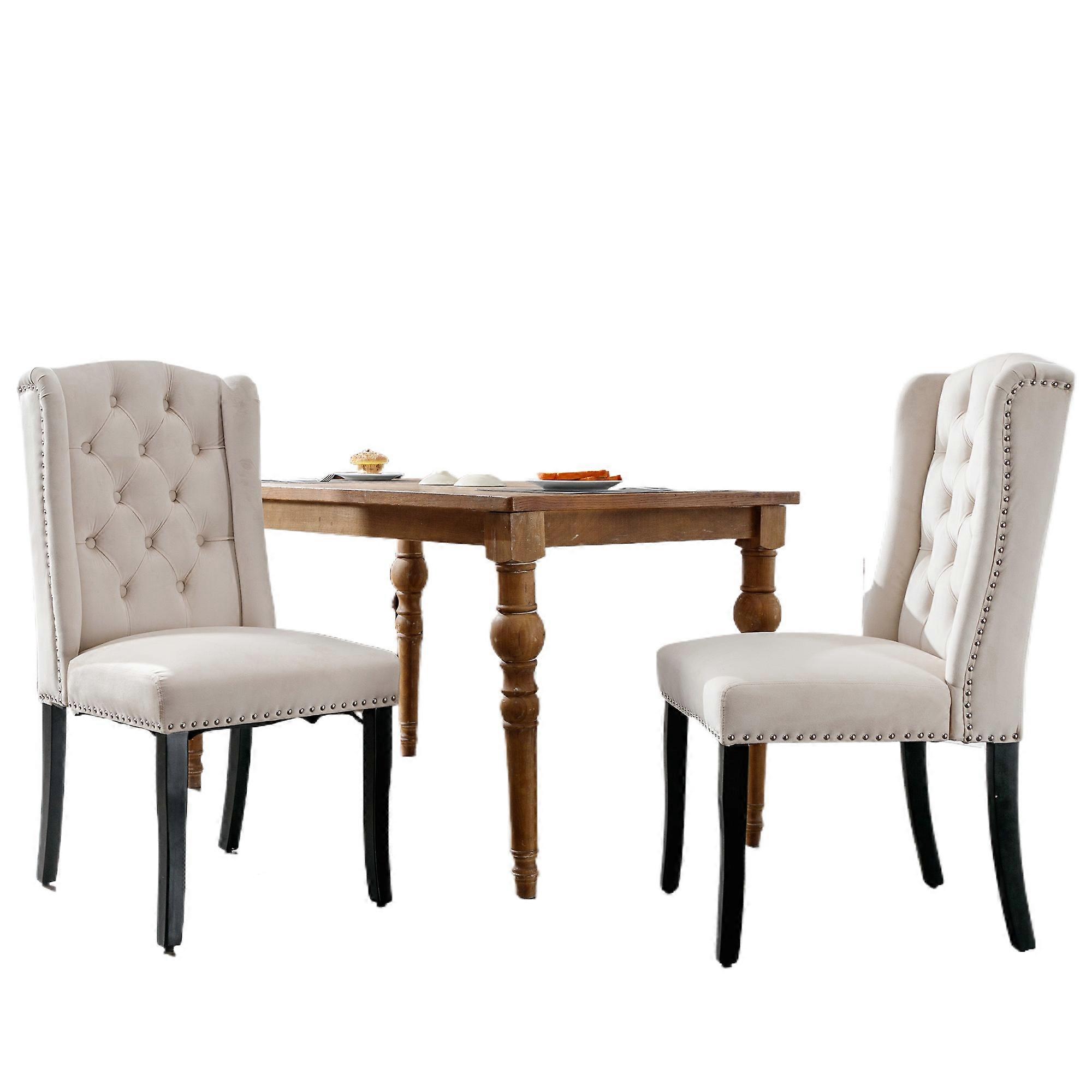 Beige Velvet Dining Chairs Set 2 Oak Legs Button Tufting Chrome Studs