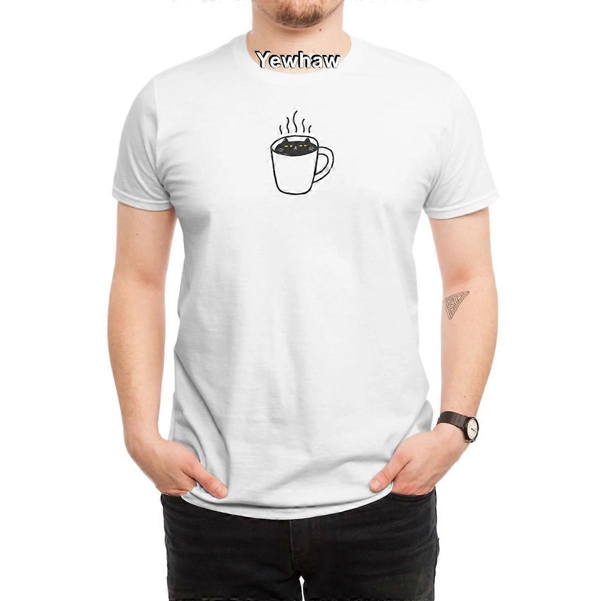 Catpuccino T-skjorte svart katt kaffekrus damp gule øyne leken