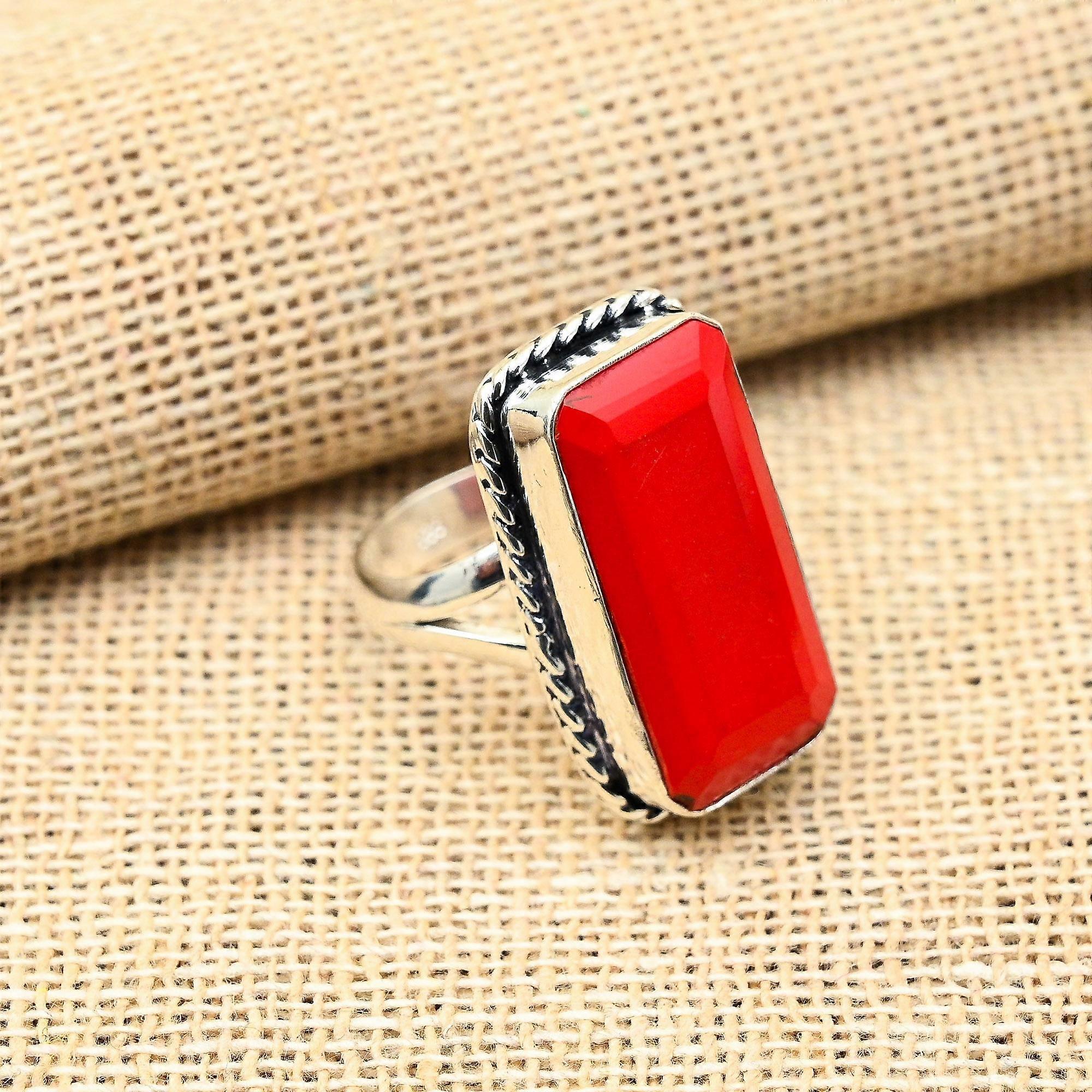 Faceted Red Coral Gemstone Handmade 925 Solid Sterling Silver Jewelry Ring For Her