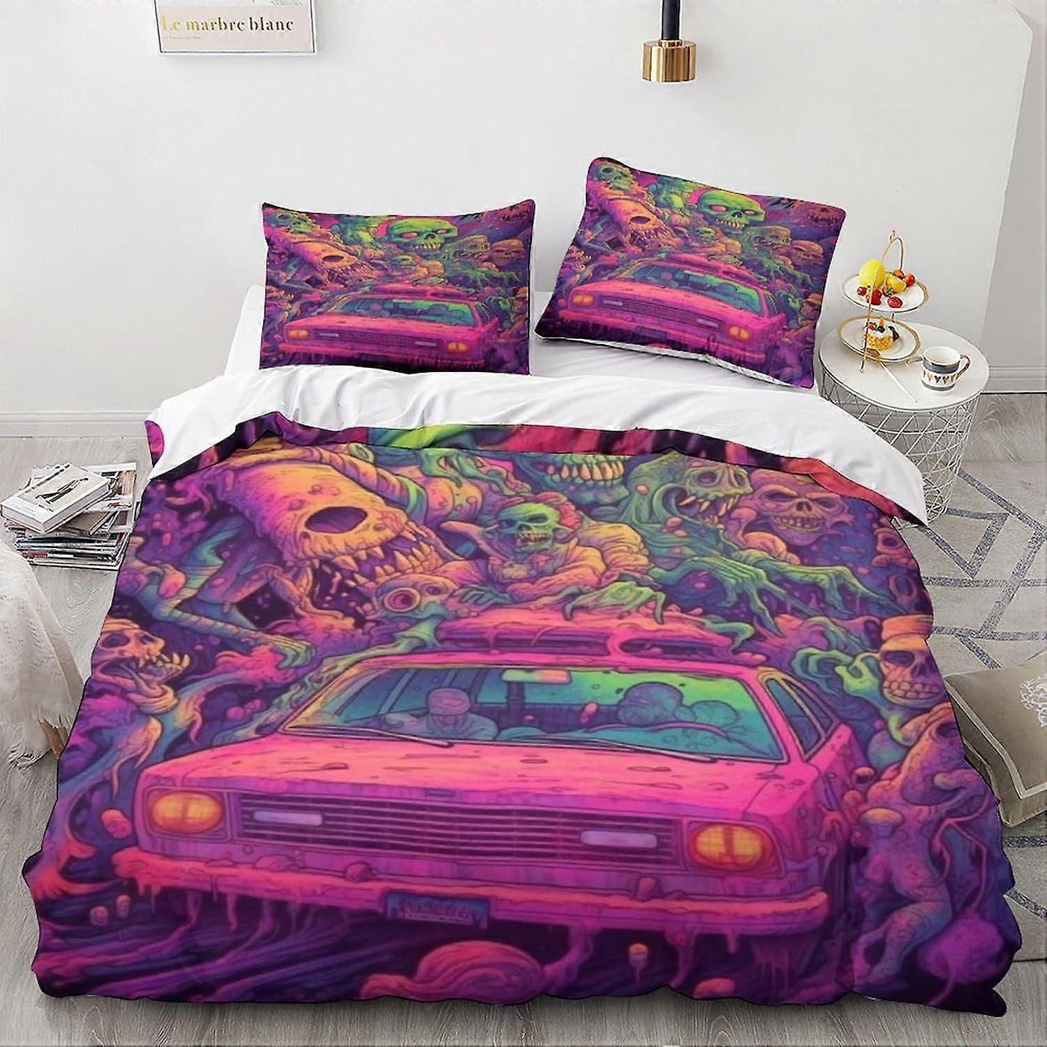 LikeEj monstros edredom capa set 3D cartoon padrão printe roupa de cama carro vintage colcha edredom capa conjunto, microfibra macia dupla