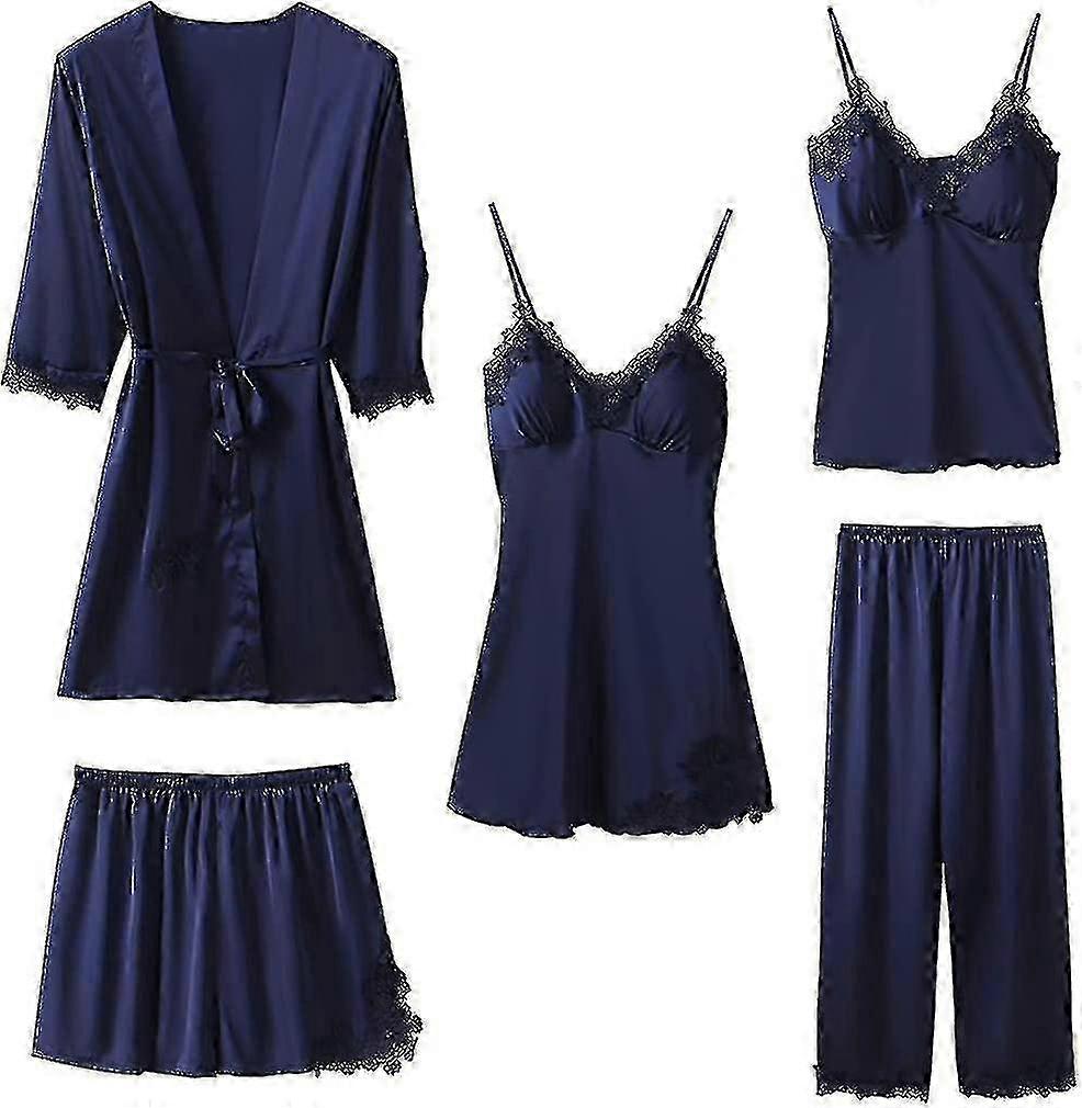 Kadın İpek Saten Pijama Takımı 5'li Pijama Gecelik Cami Şort Bornoz Ve Pantolonlu Pijama Seti