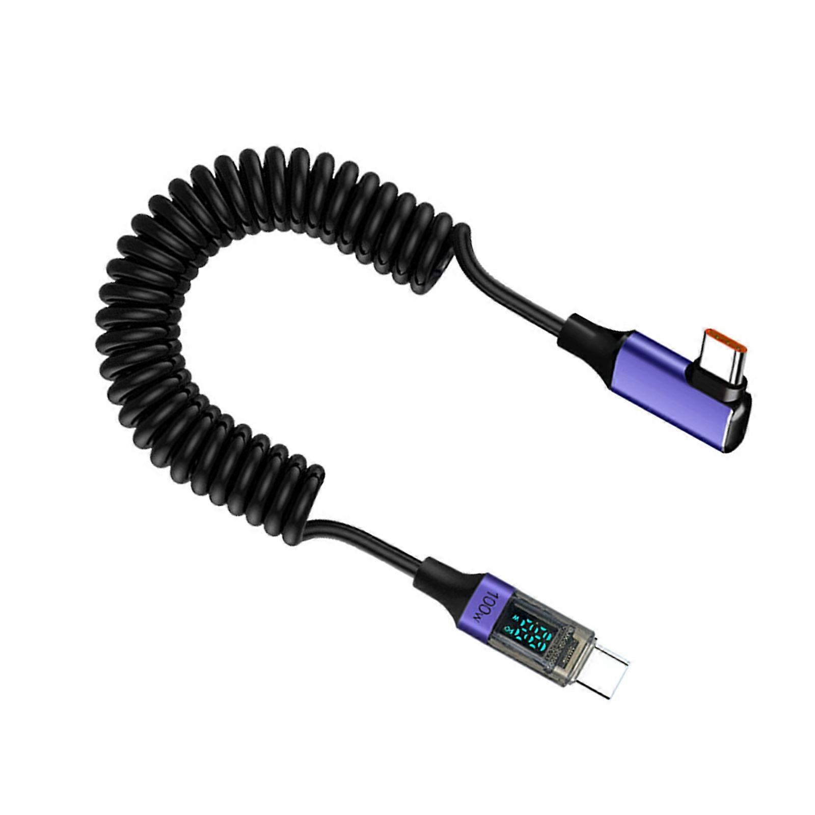 Portable USB C Quick Charging Wire Type C PD100W Charging Cable Spring Data Line with Digital Readout Extend Up to 180cm  Purple