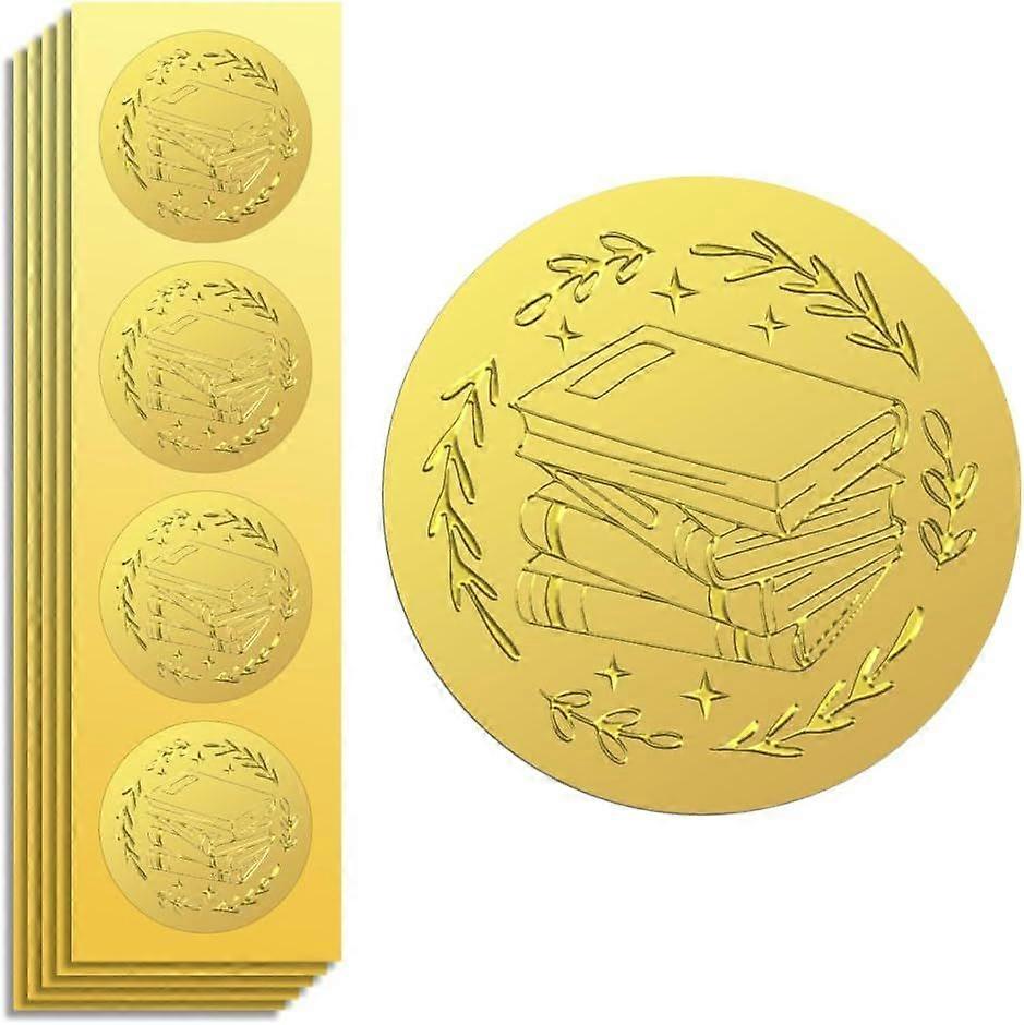 Gold Foil Sticker Seal Embossed A Pile of Books 2 Inch 100Pcs Self Adhesive Gold Around Embossing Sticker for Invitation Certificate Envelope Seal Gif