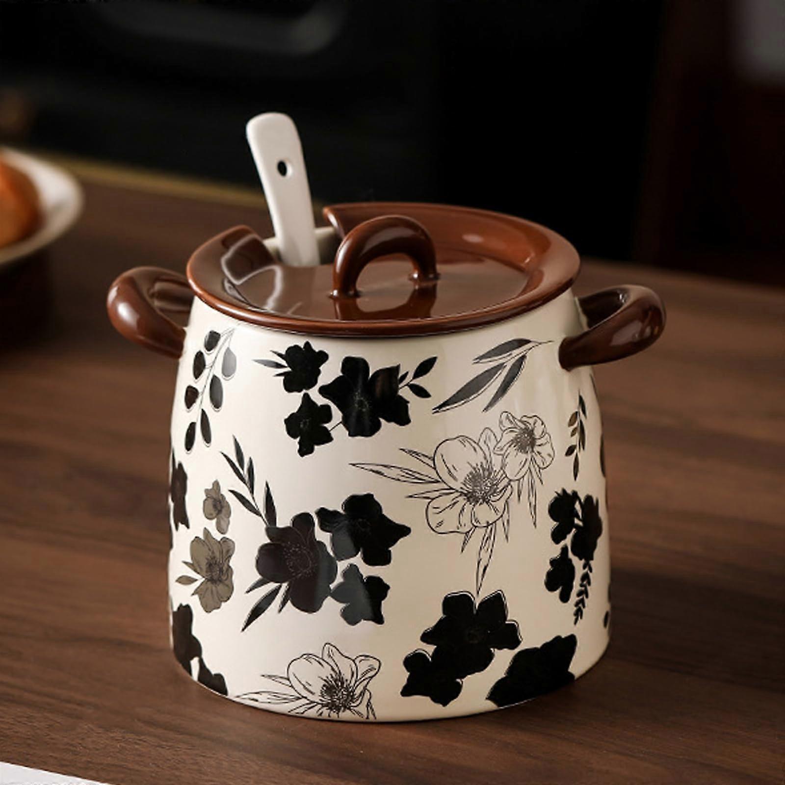 Ceramic Spice Jar Set with Lids and Spoons, Dual Handles, NonSlip Base, Brown Kitchen Storage