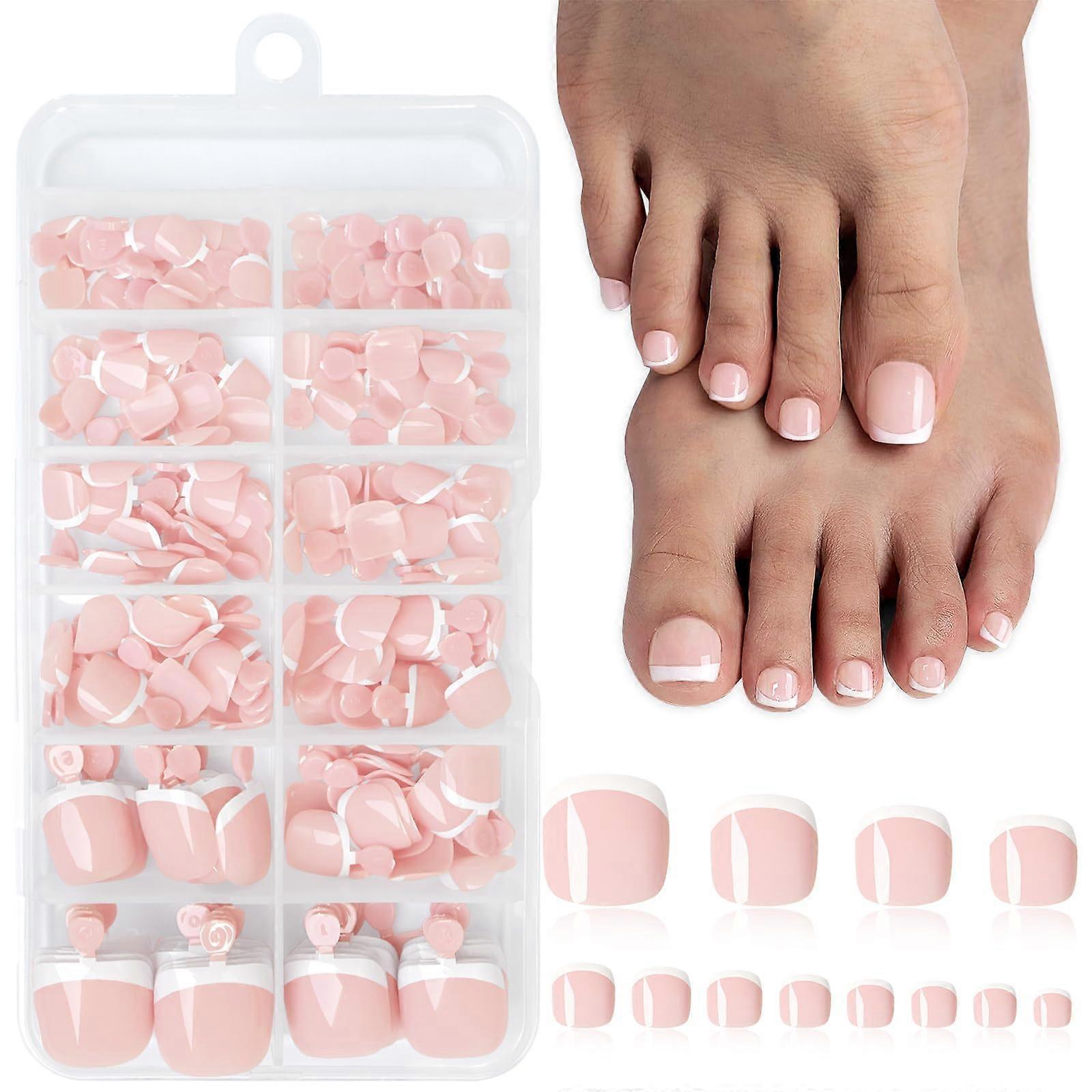 216PC White French Tip Press On Toenails with Adhesive Tabs, Fake Toe Nail Kit, 12 Sizes, Reusable