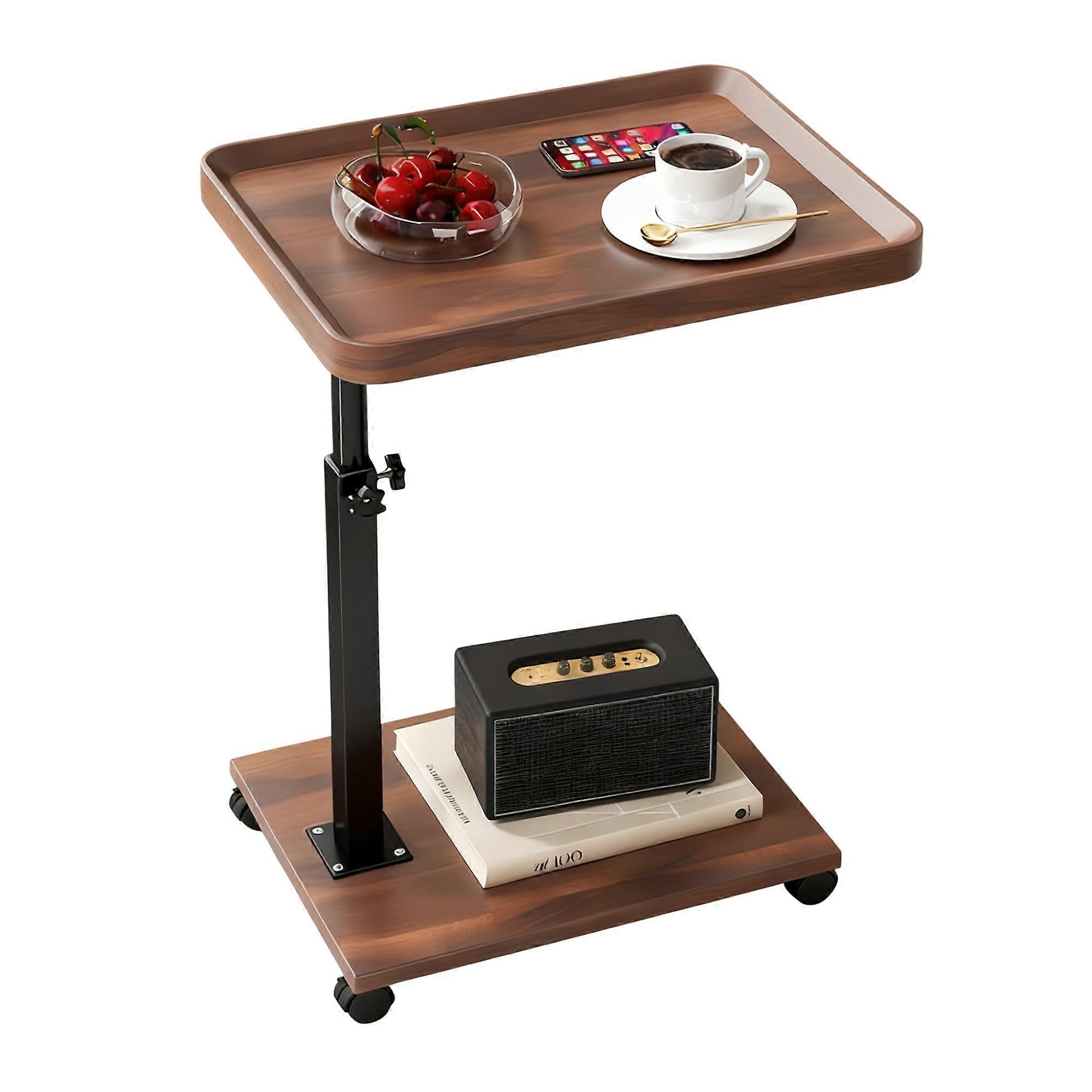 Adjustable C Shaped Side Table with Wheels, 360 Swivel Overbed Table for Sofa and Bed, Walnut