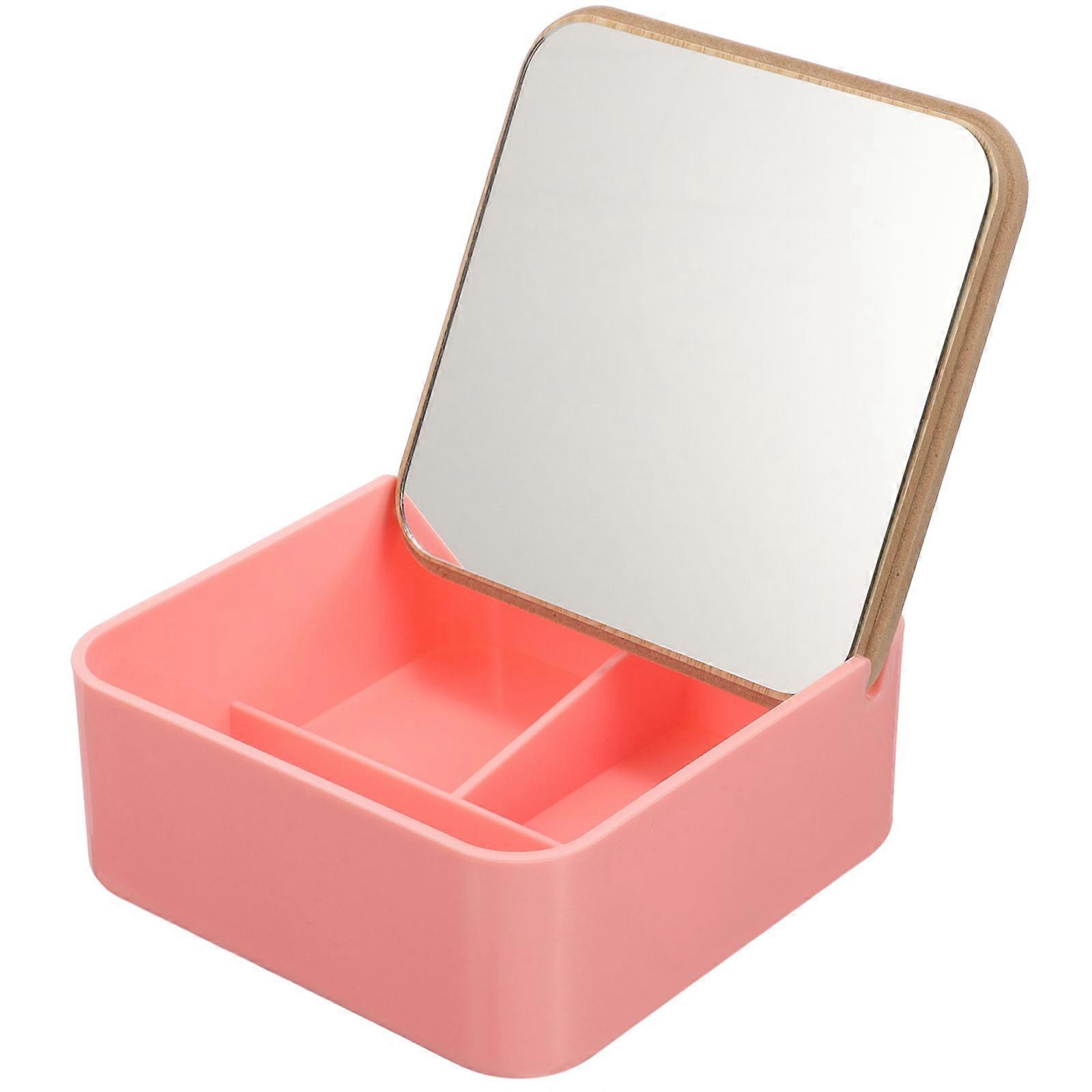 Bamboo Makeup Mirror Storage Box for Tabletop Cosmetics with Pink Color