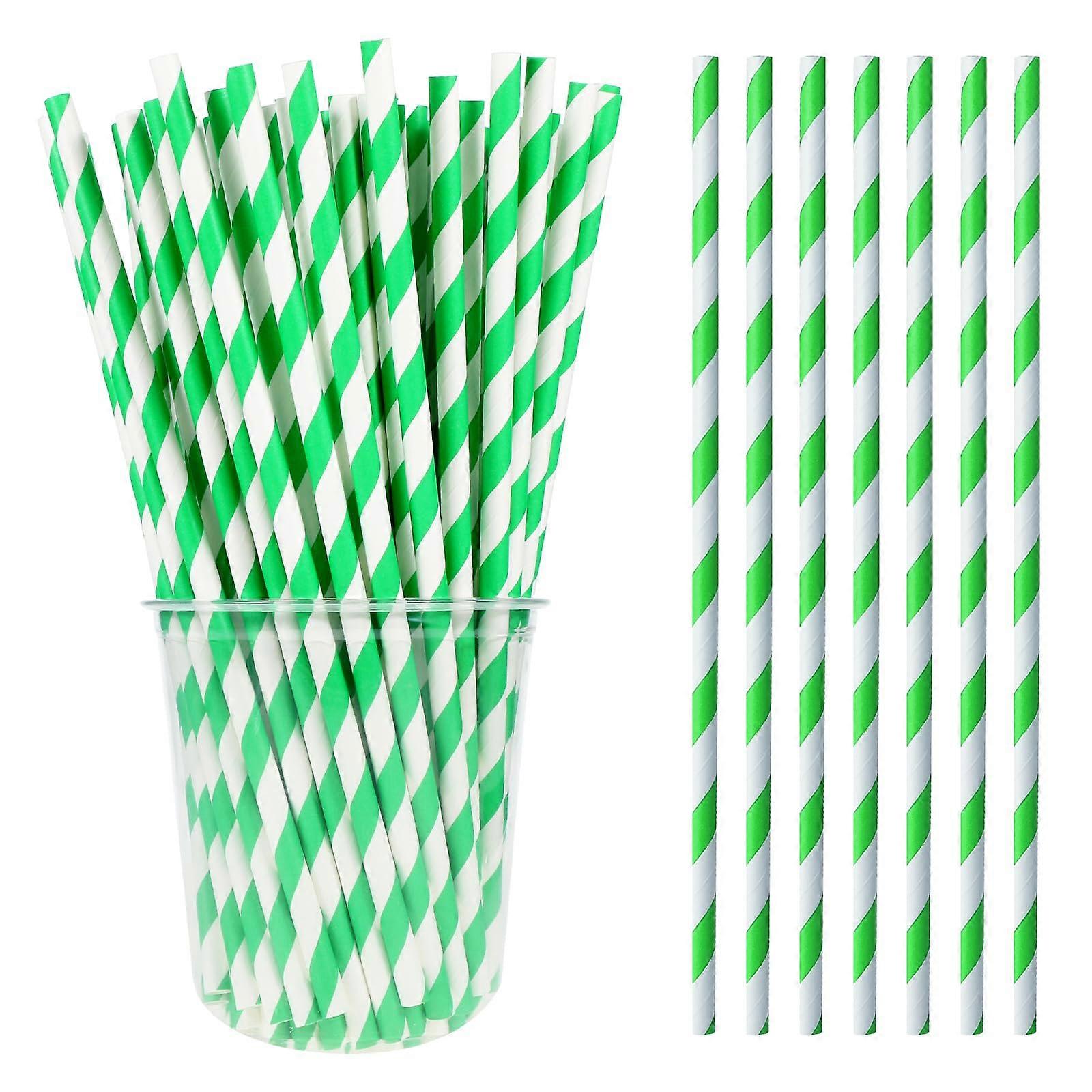 Green Striped Paper Straws 100 Pack Eco Friendly Biodegradable Drinking Straws for Parties Drinks