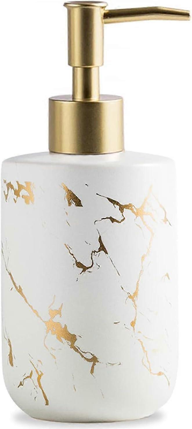 White and Gold Ceramic Soap Dispenser 300ml with RustResistant Pump for Bathroom and Kitchen
