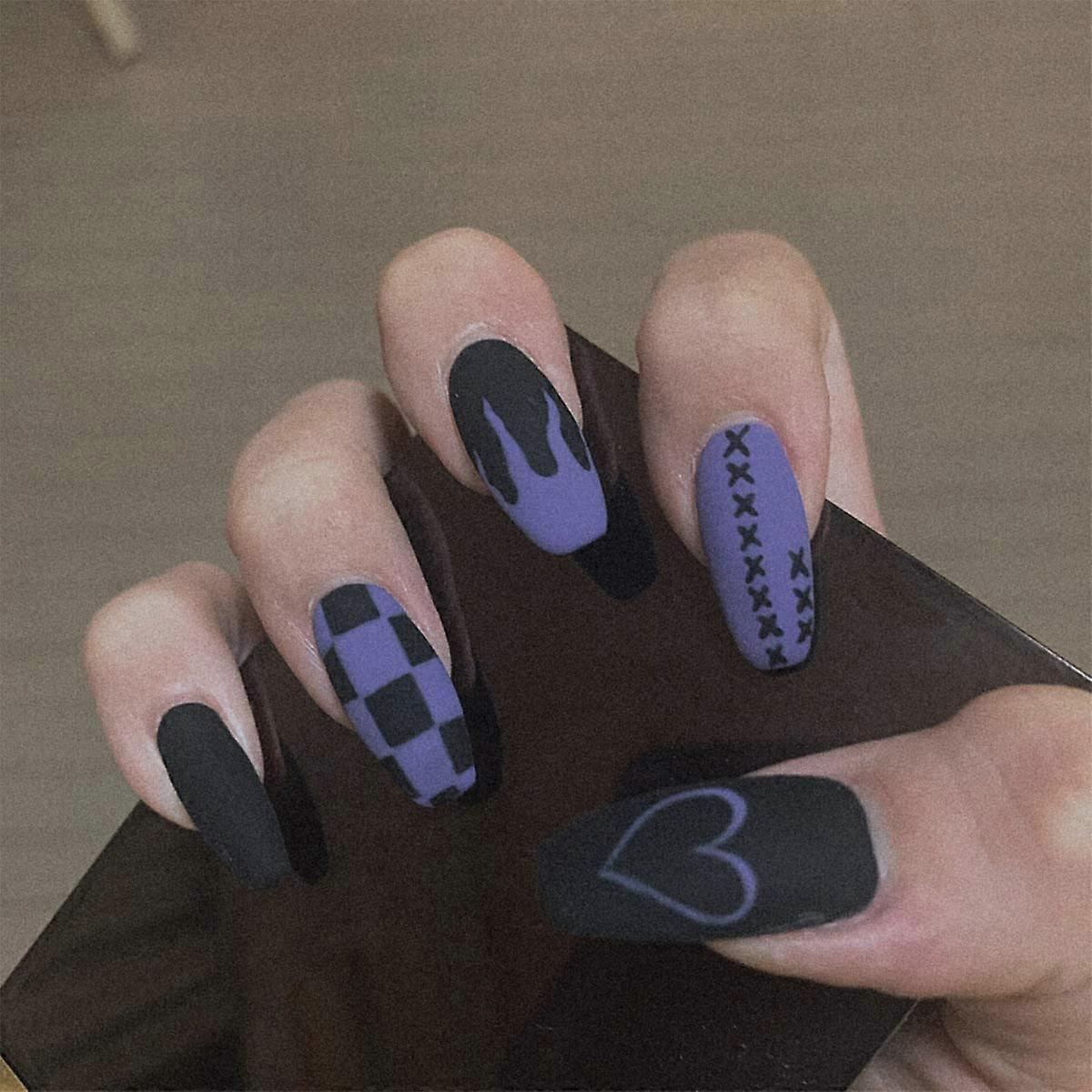 Black Goth Coffin Press On Nails Medium Matte Flame Acrylic False Nails 24Pcs Ballerina Shape