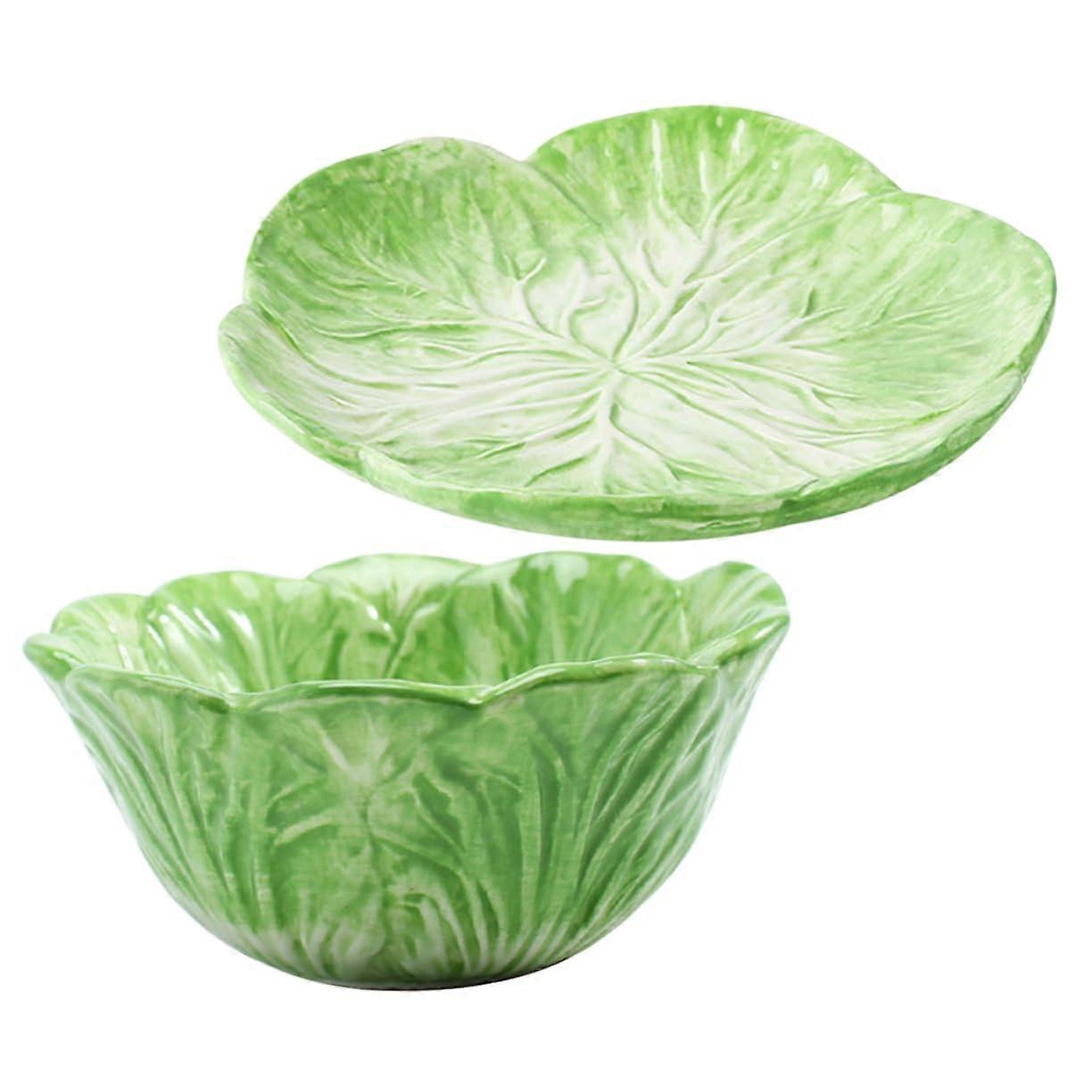 Cute Cabbage Design Ceramic Bowl and Plate Set, Microwave Safe Small Ceramic Snack Serving Set