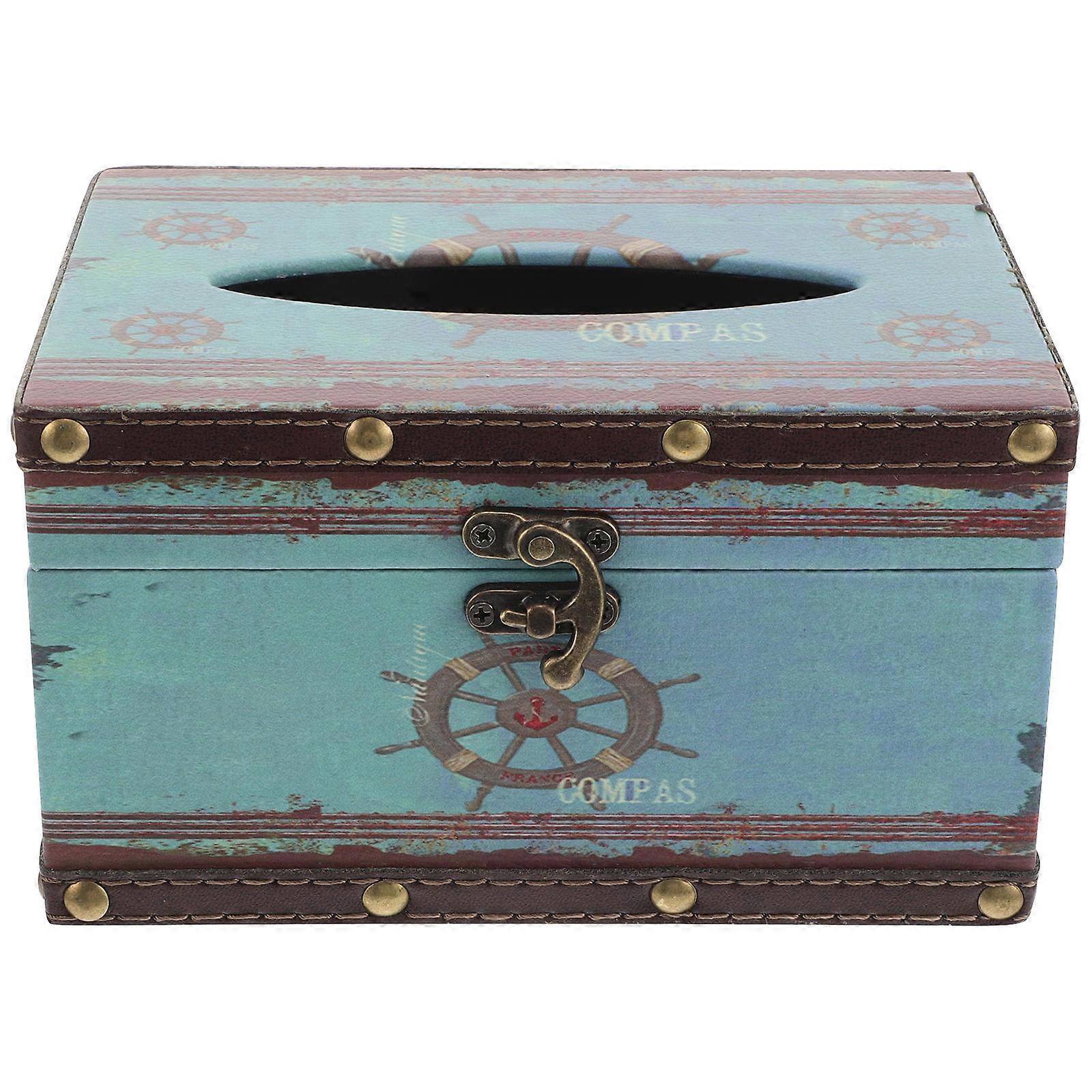 Blue Vintage Wood Tissue Box Cover for Storage Rectangular Holder