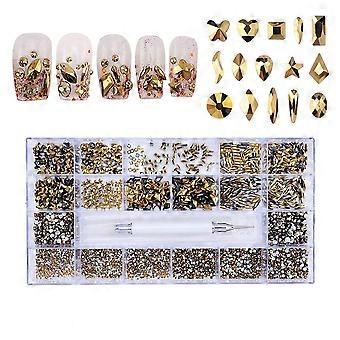 Nail Art Rhinestones and Face Gems Kit, Non Hotfix Flatback Gilded Crystal Set, 5300pcs Jewel Box