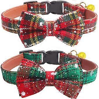 Christmas Snowflake Breakaway Dog Collar with Bow Tie and Bells, Adjustable for Small Medium Large Pets, Red and Green, 2 Pack