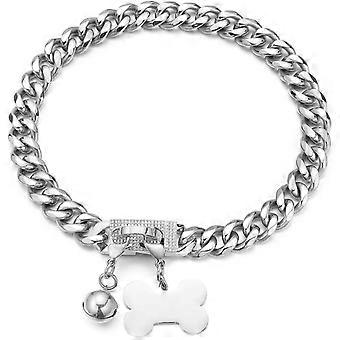 Dog Chain Collars Stainless Steel Silver Metal Chain Width 15mm\\/19mm with CZ Diamond Design Buckle Bling Dog Collar with ID Tag Dog Bell Waterproof 