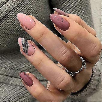 Pressione em unhas falsas, 24pcs Amêndoa dicas unhas falsas com design listrado de ouro, kit manicure, cola de unha incluída