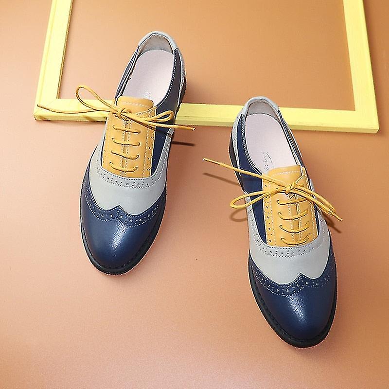 Baskets en cuir véritable Oxfords Pour femmes Flats - Bleu Gris Jaune