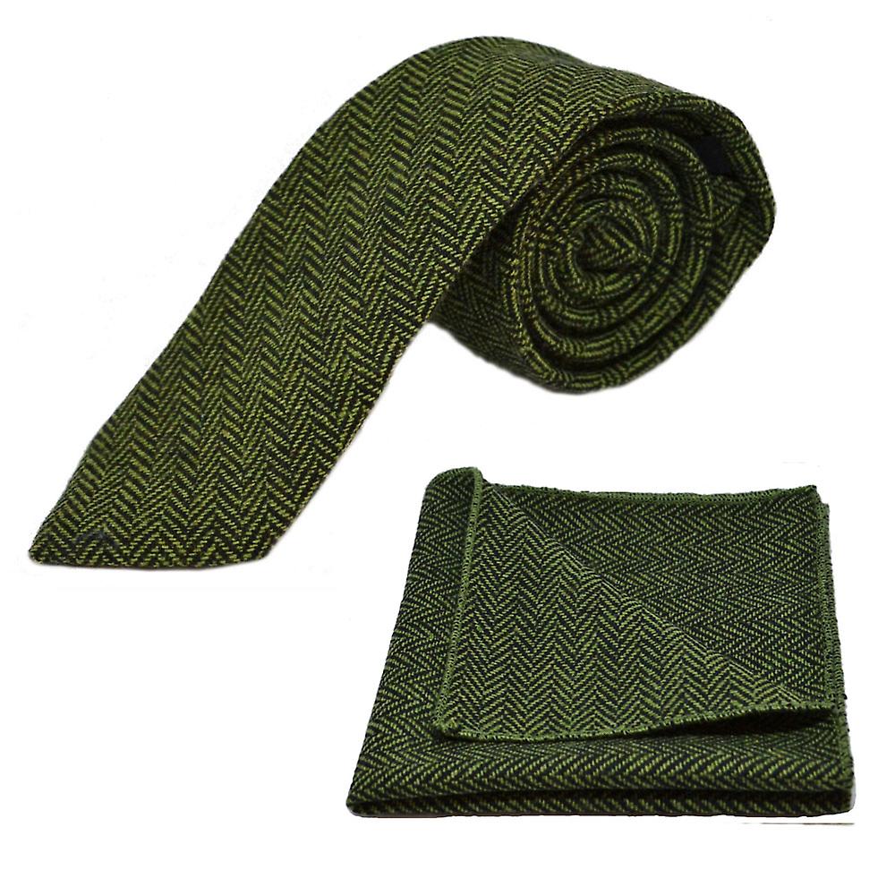 Pickle Green &amp; Black Herringbone Tie &amp; Pocket Square Set