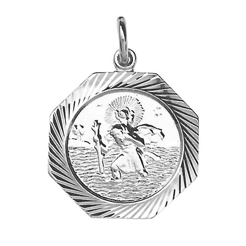 Silver 21x21mm hexagonal diamond cut edge St Christopher Pendant