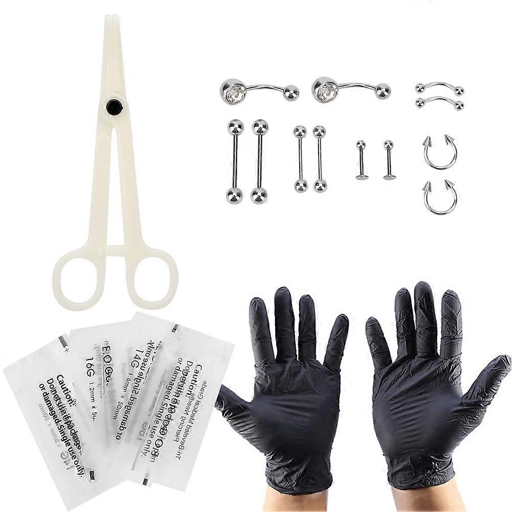 Silver Nose Piercing Rings Disposable Body Piercing Needle Gloves Tool Set Kit