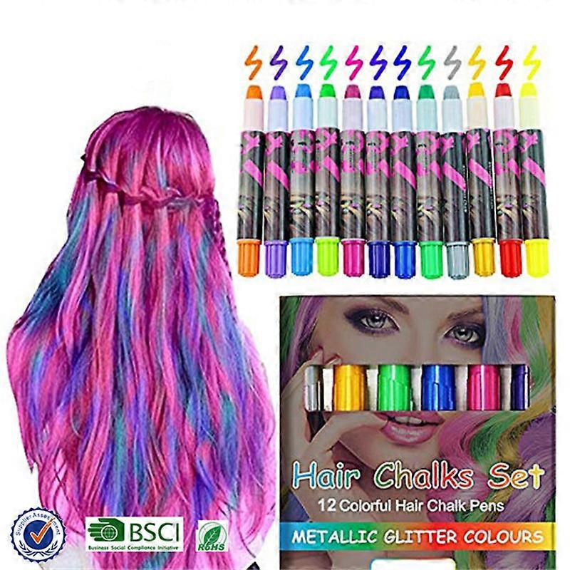 שיער גיר מתנה לבנות 12 זמני לא רעיל קל רחיץ צבע שיער צבעוני, מתכתי, נצנצים עטים משחקים גדולים בנות יום הולדת