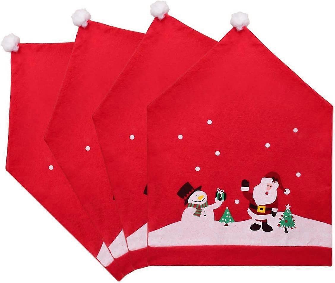 Julstol Baksätesöverdrag Set med 4 Söt Xmas Snögubbe Jultomten Röd Hatt Stolöverdrag för Jul Hem Matsal Stol Dekorationer (4 X Stol Cov
