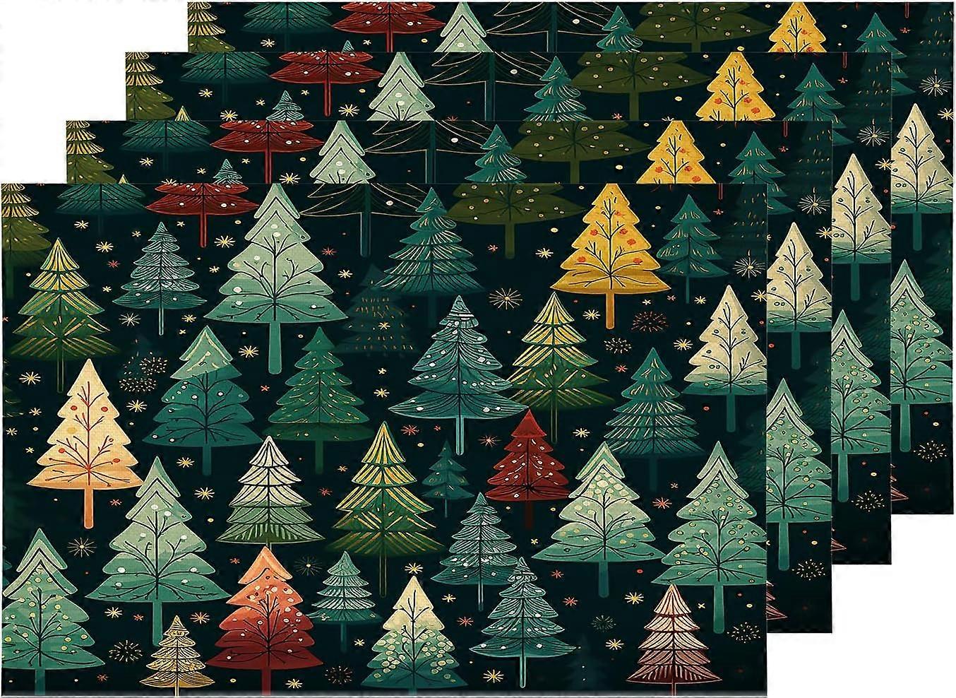 Christmas New Year Placemats, Christmas Tree Colorful Black Background Table Mat Linen Burlap Washable Double-Deck Heat Insulation for Dining Table Ki