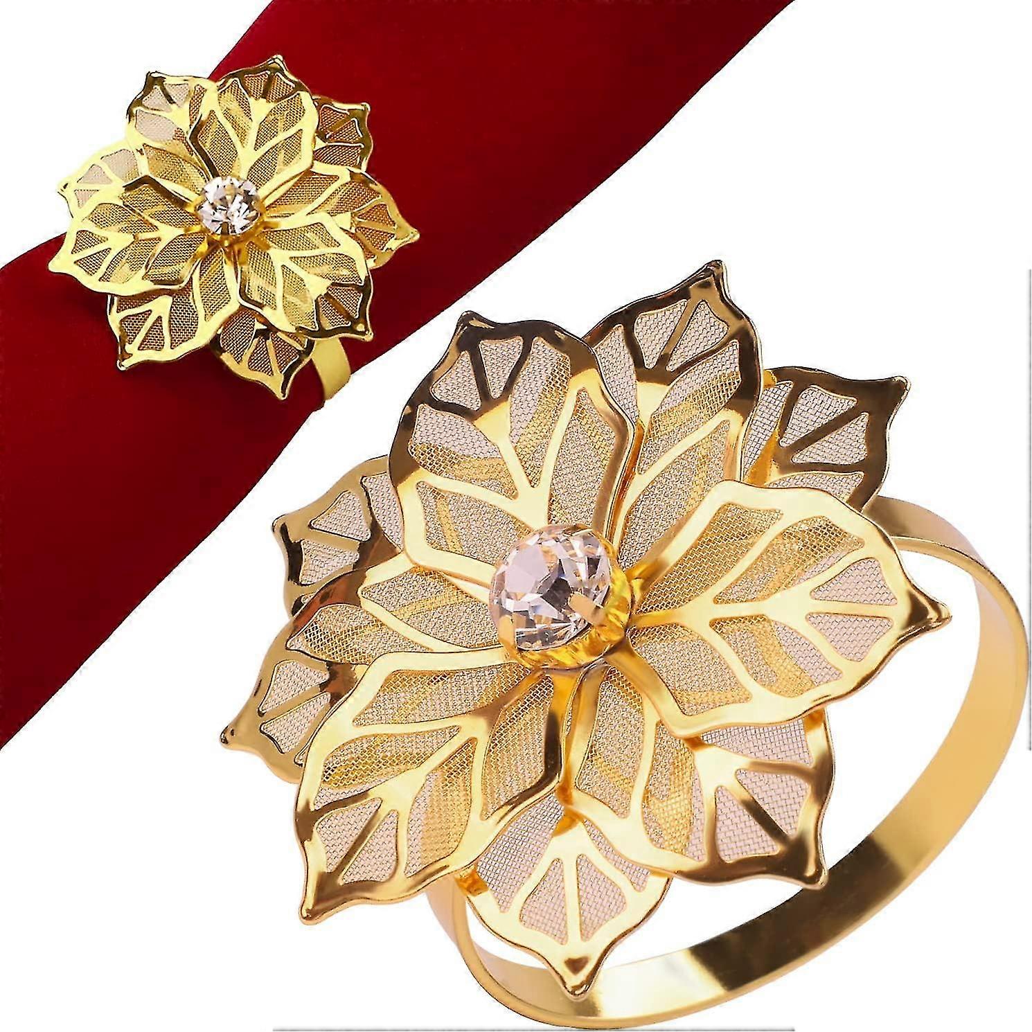 Napkin Rings, Set of 6 Gold Flower Christmas Napkin Rings for Dinning Table Setting Parties