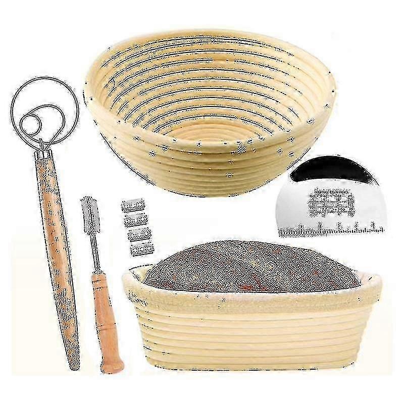 Bread Proofing Basket Set Of 2 With Starter Kit-round And Ovel Bread Baking Bowl Tools -bread Lame-
