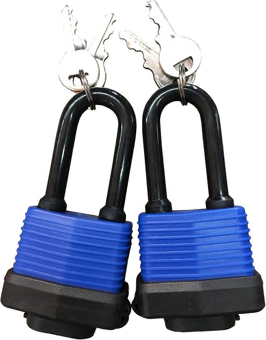 Set of 2 waterproof padlocks with long shackle with identical keys Blue 40 mm