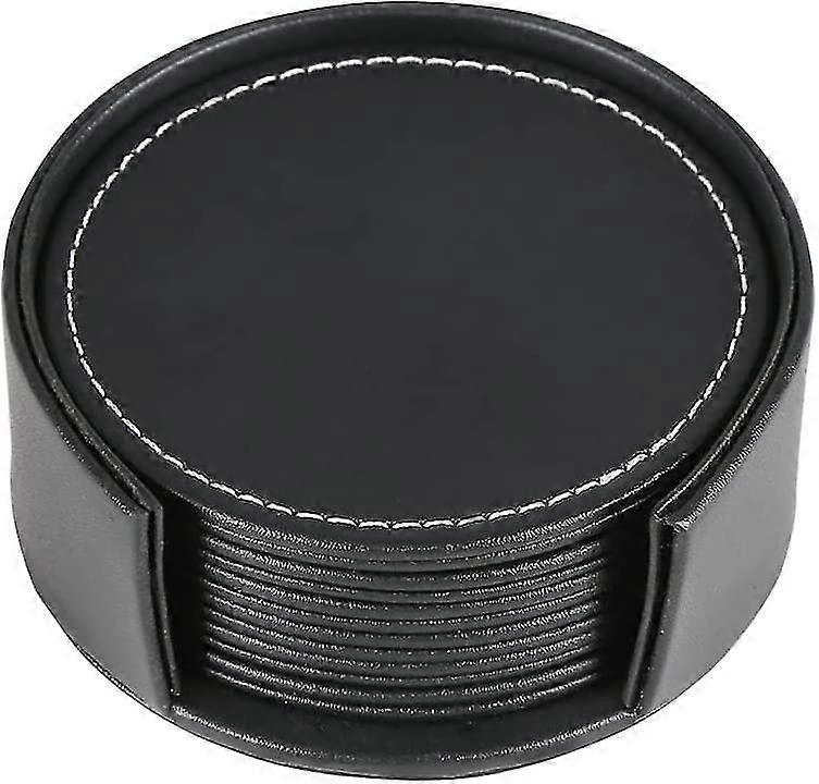 Leather Drink Coasters With Holder(black)(6pcs)