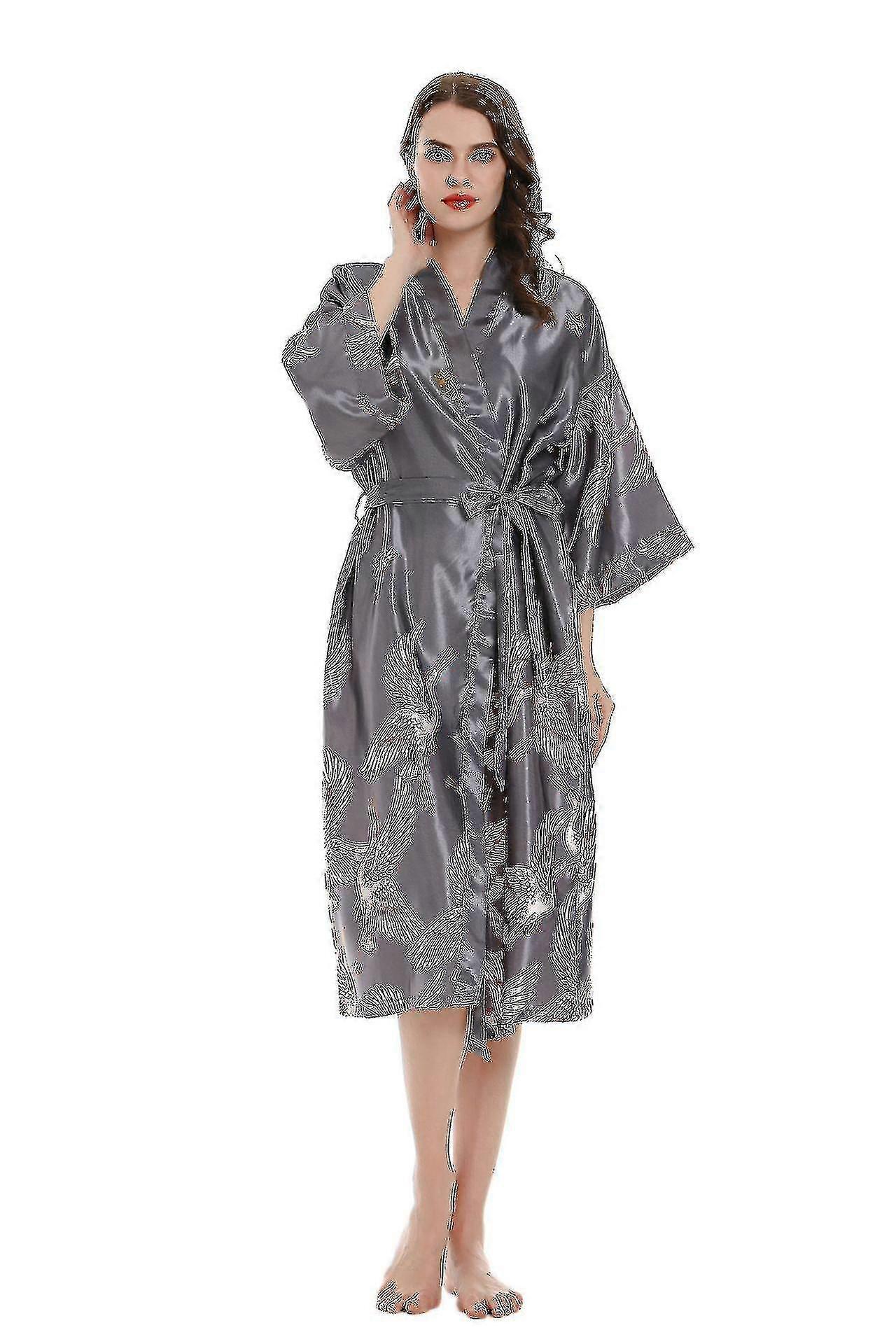 Kimono Robe Satin Sleepwear Blouse Silky Bathrobe Floral Crane