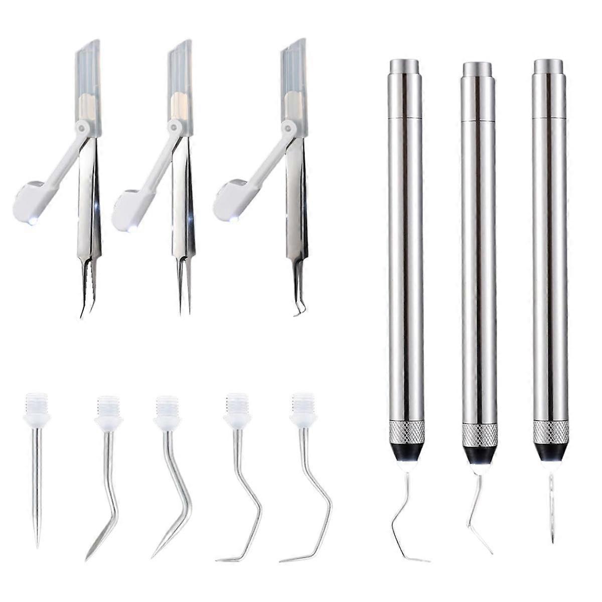 6 Pcs LED Weeding Tools Set for Vinyl, 3 Led Pen with 5 Pin and Hook, with Light Weeding Hook Tweezers (Silver)