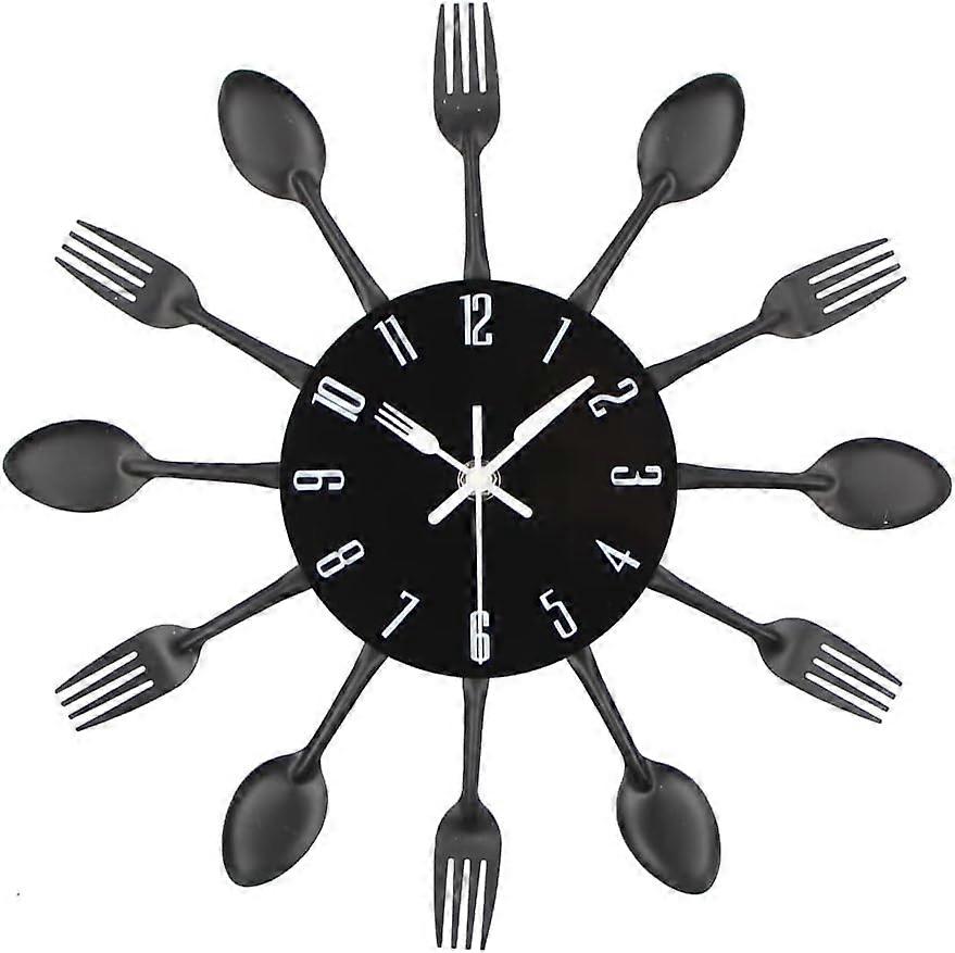 Mirrored Kitchen Clock with Spoon Fork Removable 3D Sticker for Home Decor 30*30*4CM Black
