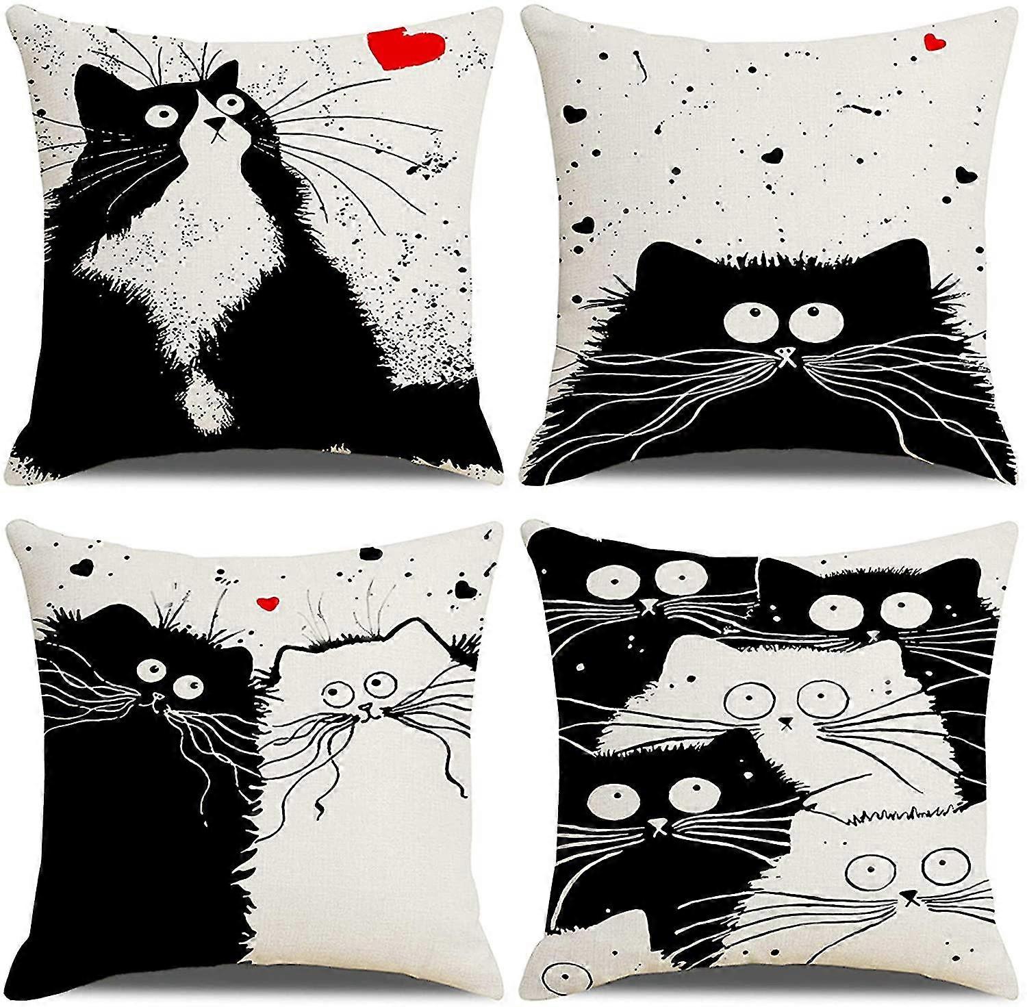 4 Pcs Cat Motif Cotton And Linen Decorative Pillowcase, Sofa Pillowcase 45x45 Cm