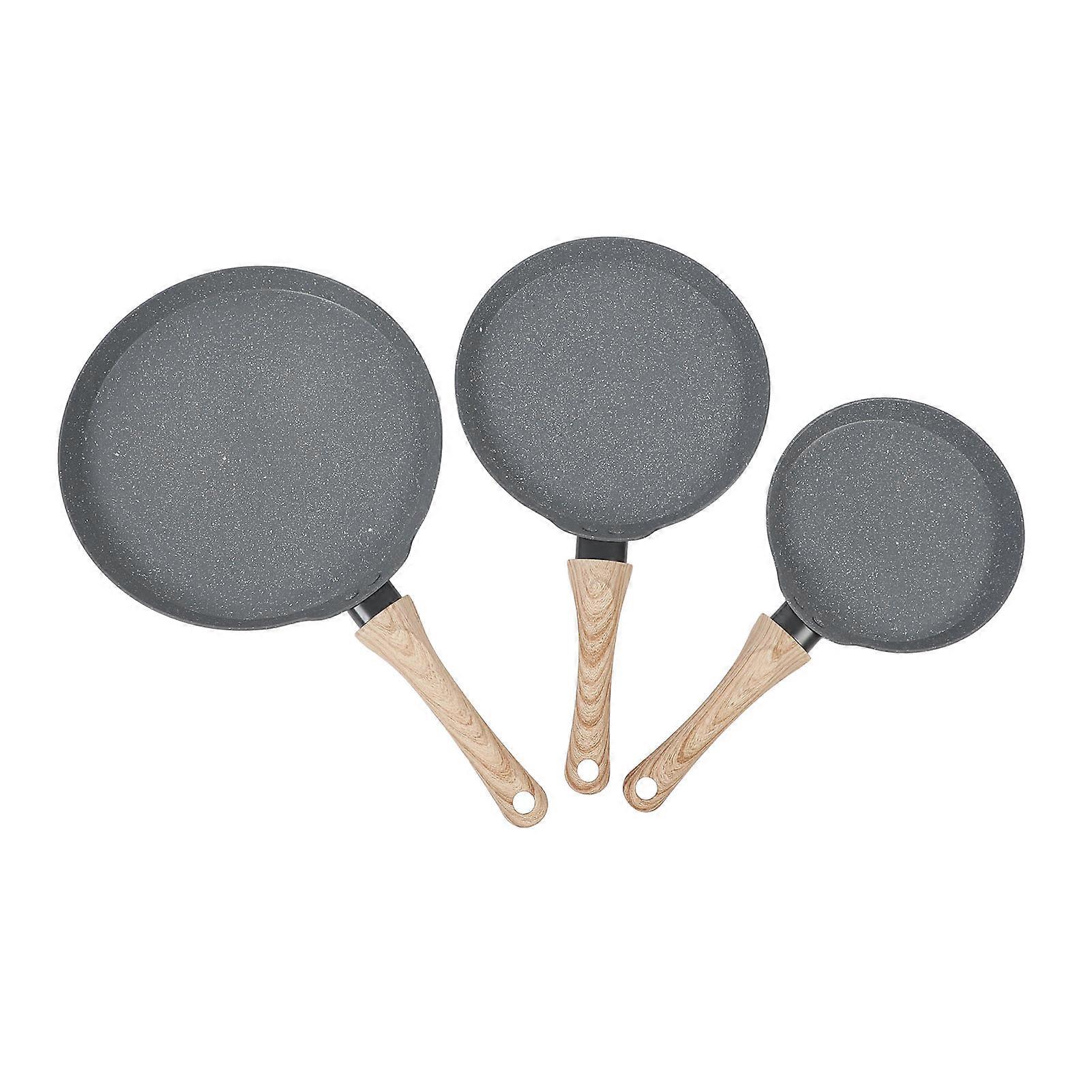 3PCS Frying Pan Set Grey 3 Sizes Multifunctional Maifan Stone Anti Stick with Wooden Handle Pancake Frying Pan for Breakfast