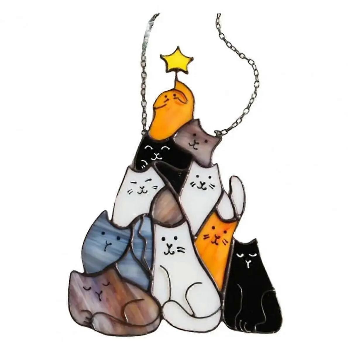 Cat Christmas Tree Suncatcher Acrylic Stacked Kittens Hanging Ornament Colorful Tree for Window
