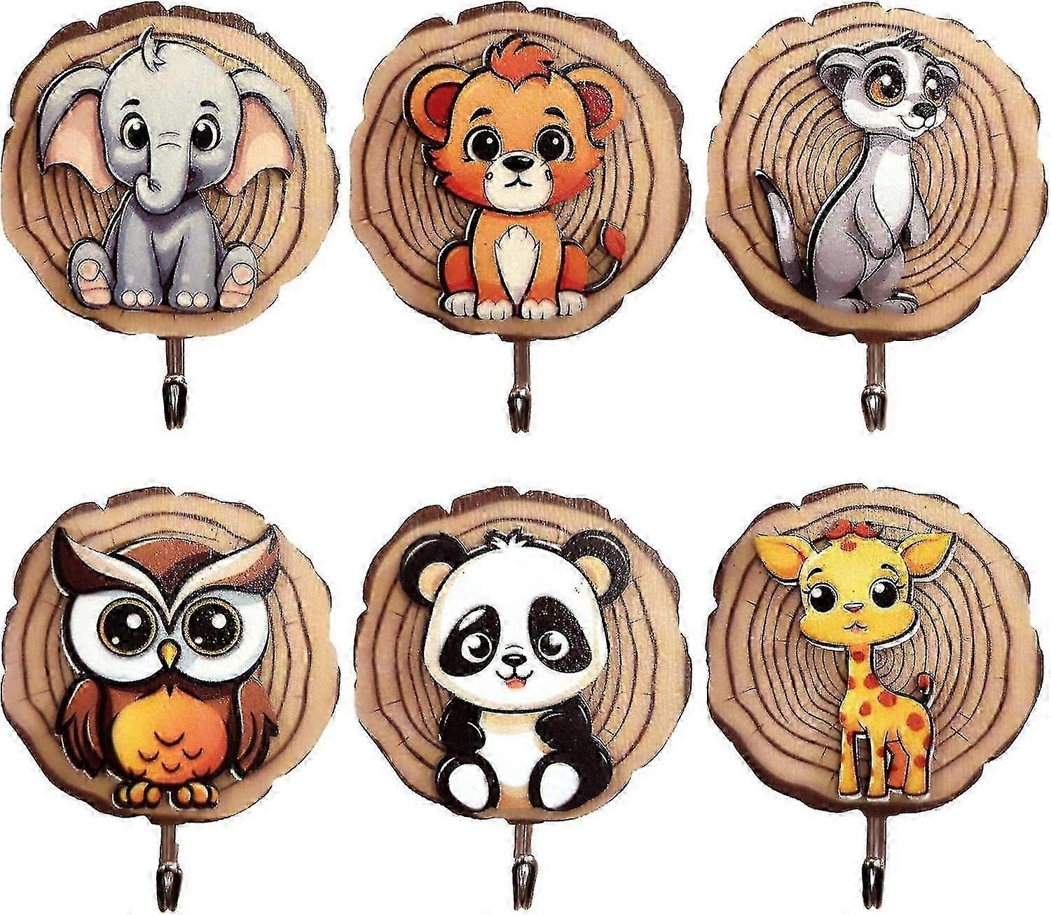 6pcs子供用コートラック、木製ウォールフックコートフック動物の形をした子供用、穴あけなし粘着フック、子供部屋dcor