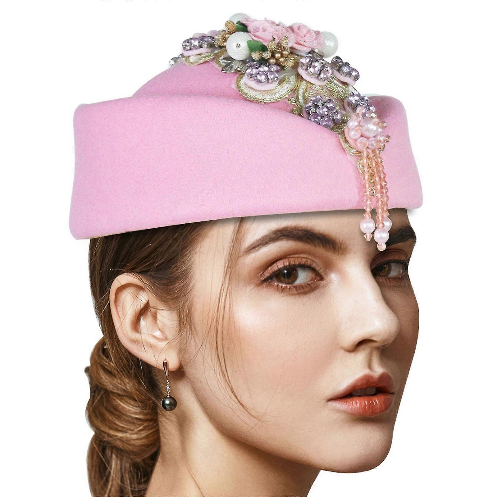 Vintage pink rhinestone, fascinator hat Mesh Satin Formal Hat Feather Silver Rhinestone Trim main image 4