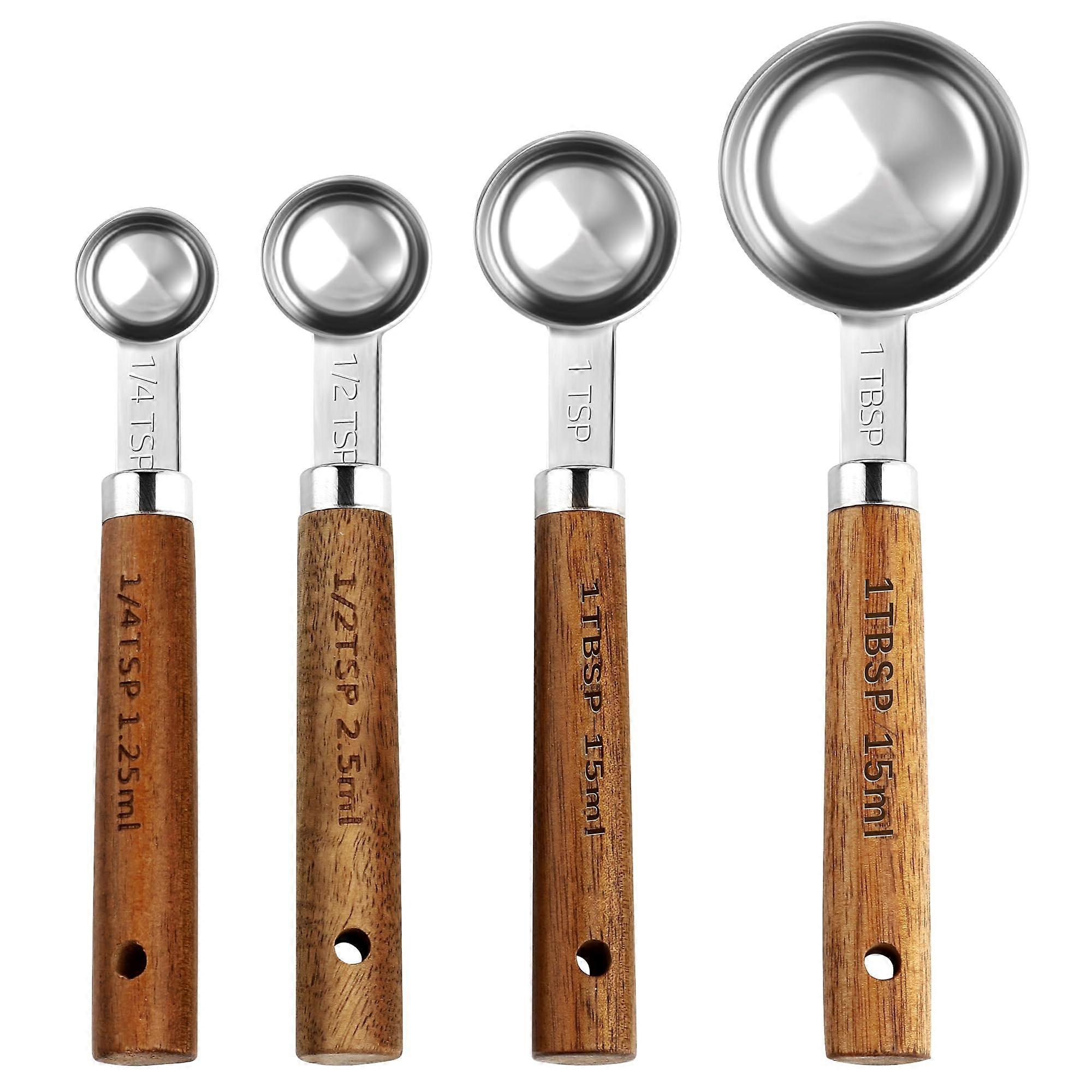 Nesting Measuring Spoons with Wooden Handle, Dual-Scale Design