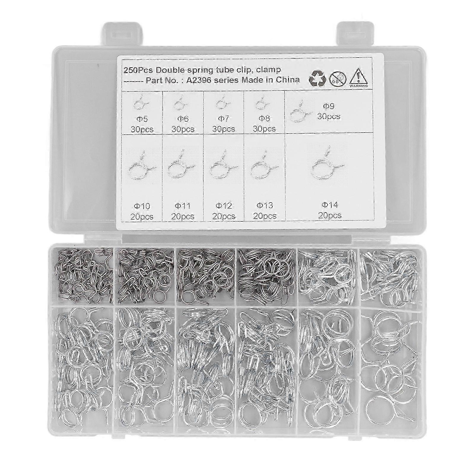 250PCS Double Wire Irrigation Hose Clamp Blue White Zinc Corrosion Resistance Hose Tube Spring Clips with Storage Box